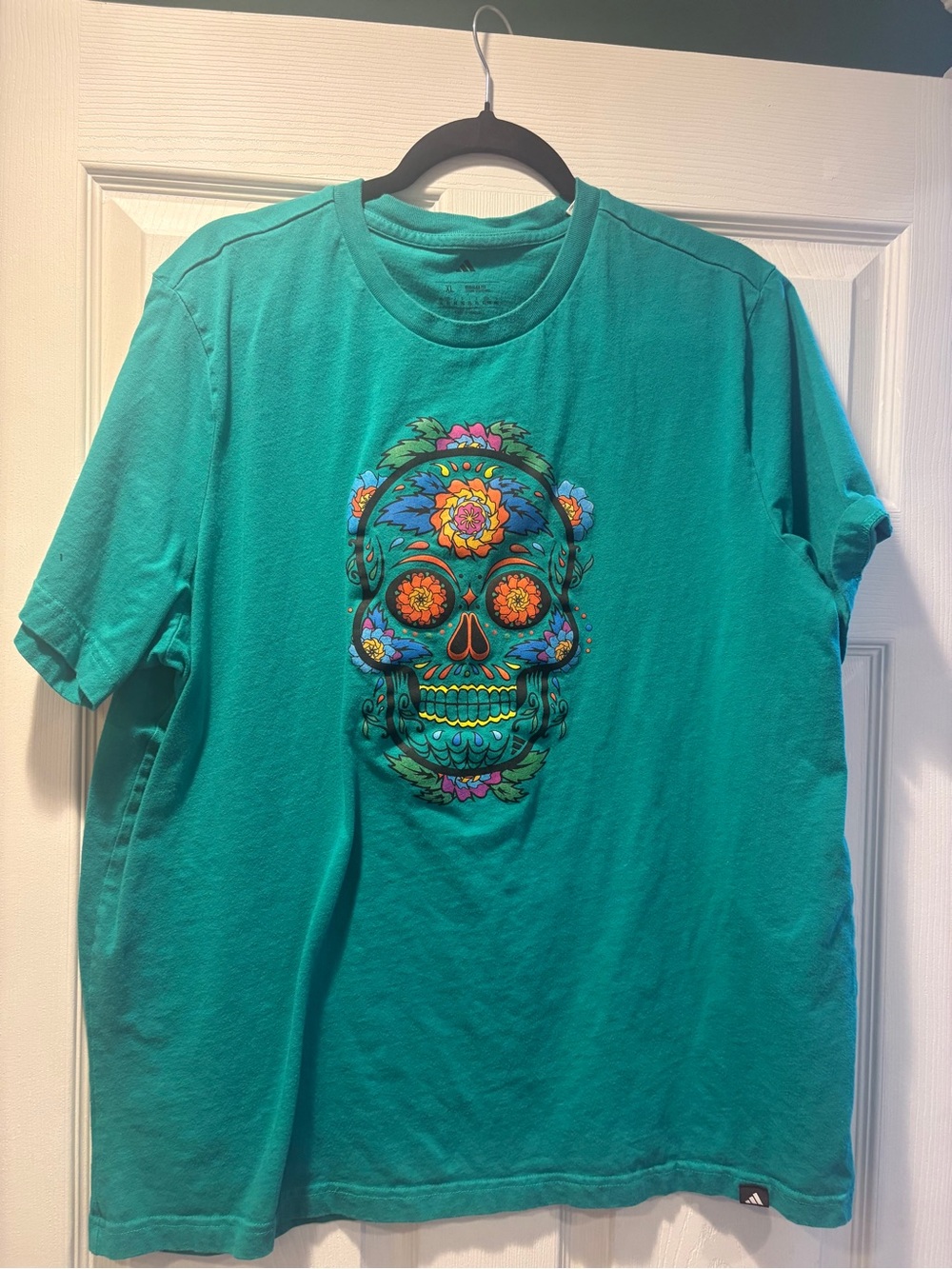 adidas Teal Short-Sleeve Tee with Colorful Sugar Skull Graphic
